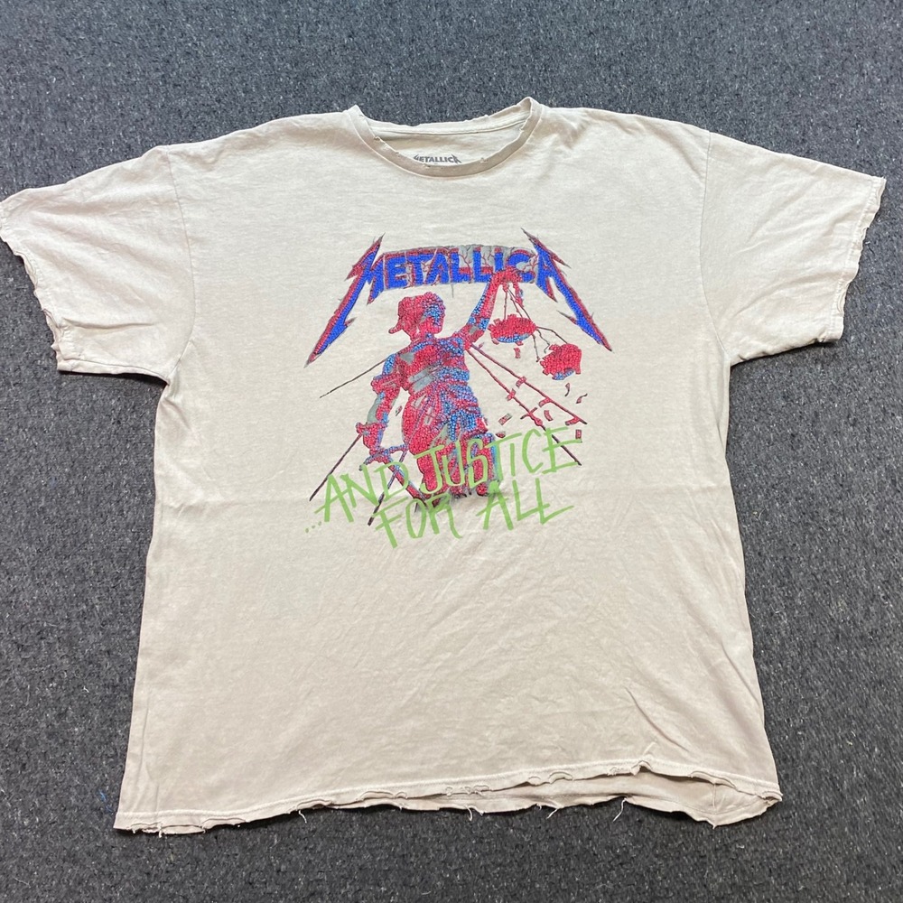 Metallica And Justice For All TShirt Sz L Mens Tan Grunge Distressed Graphic Tee